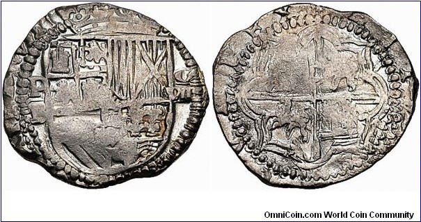 Spanish colonial, Bolivia (as Alto Perú). Felipe (Philip) II, King of Spain, 1556-1598. Silver 8 Reales. 26.45g, 39mm. Potosí mint; Juan de Ballesteros Navarez, assayer. Struck 1574-1586. Crowned coat-of-arms / Arms within polylobe. ME# 3926; KM# 0005.1.