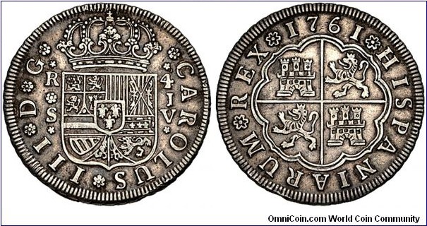 Spain, Reino de España. Charles III, 4 Reales, 1761. 13.41g, 34mm, silver. Sevilla (Seville) mint. Assayer: J.V.. Crowned coat-of-arms / Coat-of-arms. ME# 11695; Calicó# 1218; KM# 396.2. Toned, good very fine.