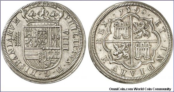 Spain, Habsburg, Philip II, 8 Reales, 1590. Segovia mint. Aqueduct with 5 column. 26.61 g. Cayón 4011. Very rare. Splendid example. 