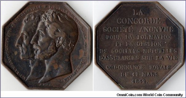 Bronze jeton struck for `La Concorde' a French Life Assurance company. This design was also struck in silver, but the bronze one is the scarcer and generally attracts a higher price than its silver companions