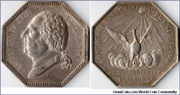Silver jeton struck for `Le Phenix', a french Life Assurer. The reverse design was used for subsequent jetons issued over a period of fifty years under Philippe I and napoleon III