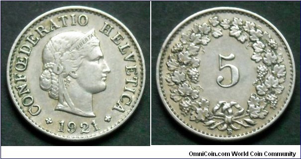 Switzerland 5 rappen.
1921 (B)