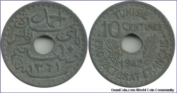 Tunisia 10 Centimes 1361-1942 (another good condition coin) -Zn-