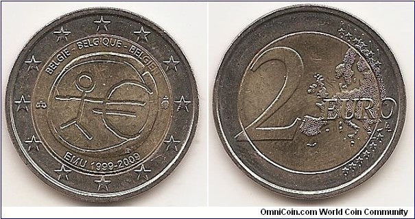 2 Euro
KM#282
8.5000 g., Bi-Metallic Nickel-Brass center in Copper-Nickel ring, 25.75 mm. Subject : Ten years of Economic and Monetary Union(EMU). Obv: The inner part of the coin shows a stylised human figure whose left arm is prolonged by the euro symbol. The initials ΓΣ of the sculptor appear below the euro symbol. The name of the issuing country in the national language appear at the top BELGIE–BELGIQUE–BELGIEN, while the acronym EMU translated into the national language appear at the bottom EMU 1999-2009. On the left and right respectively by the mark of the mint master and the mark of the Brussels mint, a helmeted profile of the Archangel Michael. The twelve stars of the European Union surround the design on the outer ring of the coin. Rev: 2 on the left-hand side, six straight lines run vertically between the lower and upper right-hand side of the face, 12 stars are superimposed on these lines, one just before the two ends of each line, superimposed on the mid - and upper section of these lines; the European continent ( extended ) is represented on the right-hand side of the face; the right-hand part of the representation is superimposed on the mid-section of the lines; the word ‘EURO’ is superimposed horizontally across the middle of the right-hand side of the face. Under the ‘O’ of EURO, the initials ‘LL’ of the engraver appear near the right-hand edge of the coin. Edge: Reeded with 2 **, repeated six times, alternately upright and inverted. Obv. designer: Georgios Stamatopoulos Rev. designer: Luc Luycx