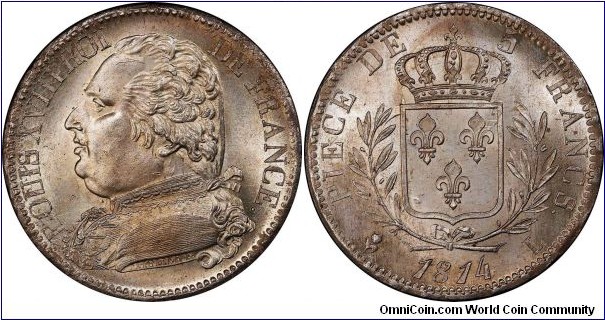 France, First restoration, Louis XVIII, 5 Francs, 1814-L. Bayonne mint.