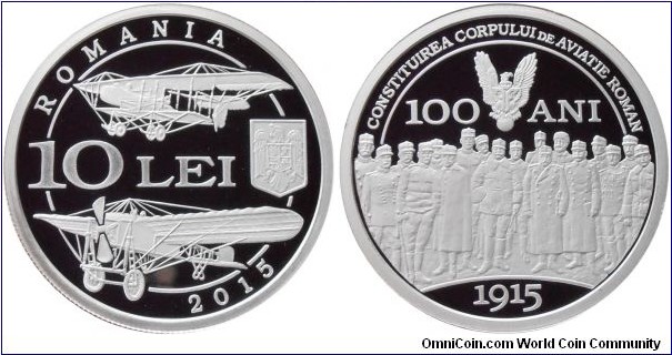 10 Lei - 100 years of the Romanian Aviation Corps - 31.1 g 0.999 silver Proof - mintage 250 pcs only !