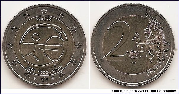 2 Euro
KM#134
8.5000 g., Bi-Metallic Nickel-Brass center in Copper-Nickel ring, 25.75 mm. Subject : Ten years of Economic and Monetary Union(EMU). Obv: The inner part of the coin shows a stylised human figure whose left arm is prolonged by the euro symbol. The initials ΓΣ of the sculptor appear below the euro symbol. The name of the issuing country in the national language appear at the top MALTA while the acronym EMU translated into the national language appear at the bottom UEM 1999-2009. The twelve stars of the European Union surround the design on the outer ring of the coin. The mint marks on both sides of 6 h star. Rev: 2 on the left-hand side, six straight lines run vertically between the lower and upper right-hand side of the face, 12 stars are superimposed on these lines, one just before the two ends of each line, superimposed on the mid - and upper section of these lines; the European continent ( extended ) is represented on the right-hand side of the face; the right-hand part of the representation is superimposed on the mid-section of the lines; the word ‘EURO’ is superimposed horizontally across the middle of the right-hand side of the face. Under the ‘O’ of EURO, the initials ‘LL’ of the engraver appear near the right-hand edge of the coin. Edge: Reeded with 2 * *, repeated six times, alternately upright and inverted. Obv. designer: Georgios Stamatopoulos Rev. designer: Luc Luycx