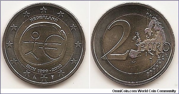 2 Euro
KM#282
8.5000 g., Bi-Metallic Nickel-Brass center in Copper-Nickel ring, 25.75 mm. Subject : Ten years of Economic and Monetary Union(EMU). Obv: The inner part of the coin shows a stylised human figure whose left arm is prolonged by the euro symbol. The initials ΓΣ of the sculptor appear below the euro symbol. The name of the issuing country in the national language appear at the top NEDERLAND while the acronym EMU translated into the national language appear at the bottom EMU 1999-2009. The twelve stars of the European Union surround the design on the outer ring of the coin. The mint marks on both sides of 6 h star. Rev: 2 on the left-hand side, six straight lines run vertically between the lower and upper right-hand side of the face, 12 stars are superimposed on these lines, one just before the two ends of each line, superimposed on the mid - and upper section of these lines; the European continent ( extended ) is represented on the right-hand side of the face; the right-hand part of the representation is superimposed on the mid-section of the lines; the word ‘EURO’ is superimposed horizontally across the middle of the right-hand side of the face. Under the ‘O’ of EURO, the initials ‘LL’ of the engraver appear near the right-hand edge of the coin. Edge: Reeded with GOD * ZIJ * MET * ONS *. Obv. designer: Georgios Stamatopoulos Rev. designer: Luc Luycx