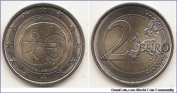 2 Euro
KM#785
8.5000 g., Bi-Metallic Nickel-Brass center in Copper-Nickel ring, 25.75 mm. Subject : Ten years of Economic and Monetary Union(EMU). Obv: The inner part of the coin shows a stylised human figure whose left arm is prolonged by the euro symbol. The initials ΓΣ of the sculptor appear below the euro symbol. The name of the issuing country in the national language appear at the top PORTUGAL, while the acronym EMU translated into the national language appear at the bottom UEM 1999-2009. At the right of the inner ring, the mint mark are shown. The twelve stars of the European Union surround the design on the outer ring of the coin. Rev: 2 on the left-hand side, six straight lines run vertically between the lower and upper right-hand side of the face, 12 stars are superimposed on these lines, one just before the two ends of each line, superimposed on the mid - and upper section of these lines; the European continent ( extended ) is represented on the right-hand side of the face; the right-hand part of the representation is superimposed on the mid-section of the lines; the word ‘EURO’ is superimposed horizontally across the middle of the right-hand side of the face. Under the ‘O’ of EURO, the initials ‘LL’ of the engraver appear near the right-hand edge of the coin. Edge: Reeded with Five coats of arms and seven castles, all equally spaced. Obv. designer: Georgios Stamatopoulos Rev. designer: Luc Luycx