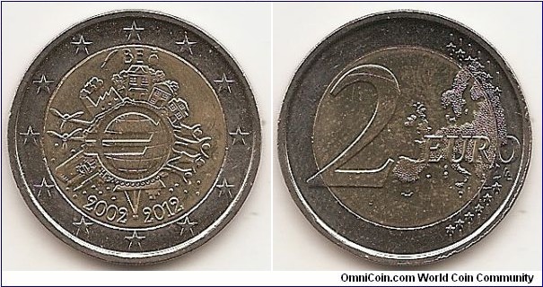 2 Euro
KM#315
8.5000 g., Bi-Metallic Nickel-Brass center in Copper-Nickel ring, 25.75 mm. Subject : Euro Coinage, 10th Anniversary Obv: The inner part of the coin features the world in the form of a euro symbol in the centre, showing how the euro has become a true global player over the last ten years. The surrounding elements symbolise the importance of the euro to ordinary people (represented by a family group and houses), to the financial world (the Eurotower), to trade (a ship), to industry (a factory), and to the energy sector and research and development (two wind turbines). The designer’s initials, “A.H.”, can be found between the ship and the Eurotower. Along the upper and lower edges of the inner part of the coin are, respectively, the country of issue BE, flanked on the left and right respectively by the mark of the mint master and the mark of the Brussels mint, a helmeted profile of the Archangel Michael, and the years “2002 – 2012”. The twelve stars of the European Union surround the design on the outer ring of the coin. Rev: 2 on the left-hand side, six straight lines run vertically between the lower and upper right-hand side of the face, 12 stars are superimposed on these lines, one just before the two ends of each line, superimposed on the mid - and upper section of these lines; the European continent ( extended ) is represented on the right-hand side of the face; the right-hand part of the representation is superimposed on the mid-section of the lines; the word ‘EURO’ is superimposed horizontally across the middle of the right-hand side of the face. Under the ‘O’ of EURO, the initials ‘LL’ of the engraver appear near the right-hand edge of the coin. Edge: Reeded with 2 **, repeated six times, alternately upright and inverted. Obv. designer: Helmut Andexlinger Rev. designer: Luc Luycx