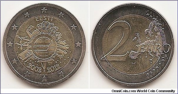 2 Euro
KM#70
8.5000 g., Bi-Metallic Nickel-Brass center in Copper-Nickel ring, 25.75 mm. Subject : Euro Coinage, 10th Anniversary Obv: The inner part of the coin features the world in the form of a euro symbol in the centre, showing how the euro has become a true global player over the last ten years. The surrounding elements symbolise the importance of the euro to ordinary people (represented by a family group and houses), to the financial world (the Eurotower), to trade (a ship), to industry (a factory), and to the energy sector and research and development (two wind turbines). The designer’s initials, “A.H.”, can be found between the ship and the Eurotower. Along the upper and lower edges of the inner part of the coin are, respectively, the country of issue EESTI and the years “2002 – 2012”. The twelve stars of the European Union surround the design on the outer ring of the coin. Rev: 2 on the left-hand side, six straight lines run vertically between the lower and upper right-hand side of the face, 12 stars are superimposed on these lines, one just before the two ends of each line, superimposed on the mid - and upper section of these lines; the European continent ( extended ) is represented on the right-hand side of the face; the right-hand part of the representation is superimposed on the mid-section of the lines; the word ‘EURO’ is superimposed horizontally across the middle of the right-hand side of the face. Under the ‘O’ of EURO, the initials ‘LL’ of the engraver appear near the right-hand edge of the coin. Edge: Reeded with O and E E S T I repeated alternately upright and inverted. Obv. designer: Helmut Andexlinger Rev. designer: Luc Luycx