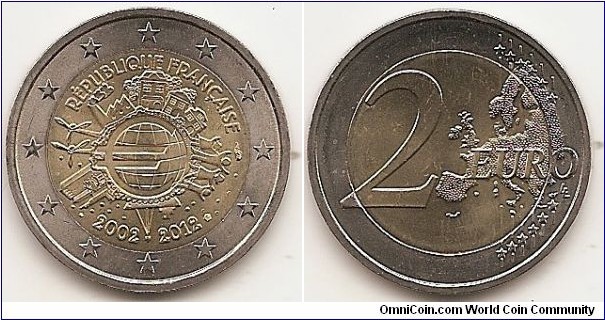 2 Euro
KM#1846
8.5000 g., Bi-Metallic Nickel-Brass center in Copper-Nickel ring, 25.75 mm. Subject : Euro Coinage, 10th Anniversary Obv: The inner part of the coin features the world in the form of a euro symbol in the centre, showing how the euro has become a true global player over the last ten years. The surrounding elements symbolise the importance of the euro to ordinary people (represented by a family group and houses), to the financial world (the Eurotower), to trade (a ship), to industry (a factory), and to the energy sector and research and development (two wind turbines). The designer’s initials, “A.H.”, can be found between the ship and the Eurotower. Along the upper and lower edges of the inner part of the coin are, respectively, the country of issue RÉPUBLIQUE FRANÇAISE and the years “2002 – 2012”. The mint mark appear on the right side. The twelve stars of the European Union surround the design on the outer ring of the coin. Rev: 2 on the left-hand side, six straight lines run vertically between the lower and upper right-hand side of the face, 12 stars are superimposed on these lines, one just before the two ends of each line, superimposed on the mid - and upper section of these lines; the European continent ( extended ) is represented on the right-hand side of the face; the right-hand part of the representation is superimposed on the mid-section of the lines; the word ‘EURO’ is superimposed horizontally across the middle of the right-hand side of the face. Under the ‘O’ of EURO, the initials ‘LL’ of the engraver appear near the right-hand edge of the coin. Edge: Reeded with 2 * *, repeated six times, alternately upright and inverted. Obv. designer: Helmut Andexlinger Rev. designer: Luc Luycx