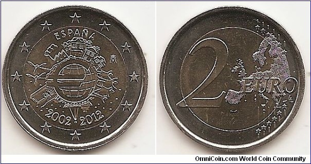 2 Euro
KM#1252
8.5000 g., Bi-Metallic Nickel-Brass center in Copper-Nickel ring, 25.75 mm. Subject : Euro Coinage, 10th Anniversary Obv: The inner part of the coin features the world in the form of a euro symbol in the centre, showing how the euro has become a true global player over the last ten years. The surrounding elements symbolise the importance of the euro to ordinary people (represented by a family group and houses), to the financial world (the Eurotower), to trade (a ship), to industry (a factory), and to the energy sector and research and development (two wind turbines). The designer’s initials, “A.H.”, can be found between the ship and the Eurotower. Along the upper and lower edges of the inner part of the coin are, respectively, the country of issue ESPAÑA and the years “2002 – 2012”. The mint mark crowned M appear on the right side by homes. The twelve stars of the European Union surround the design on the outer ring of the coin. Rev: 2 on the left-hand side, six straight lines run vertically between the lower and upper right-hand side of the face, 12 stars are superimposed on these lines, one just before the two ends of each line, superimposed on the mid - and upper section of these lines; the European continent ( extended ) is represented on the right-hand side of the face; the right-hand part of the representation is superimposed on the mid-section of the lines; the word ‘EURO’ is superimposed horizontally across the middle of the right-hand side of the face. Under the ‘O’ of EURO, the initials ‘LL’ of the engraver appear near the right-hand edge of the coin. Edge: Reeded with 2 * *, repeated six times, alternately upright and inverted. Obv. designer: Helmut Andexlinger Rev. designer: Luc Luycx