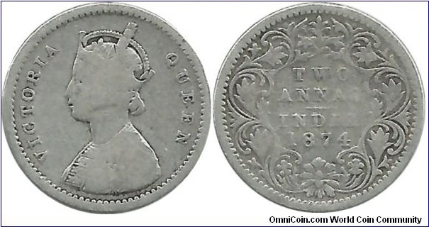 India-British 2 Annas 1874 (1.46 g / .917 Ag)