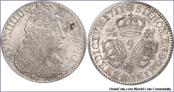 France, Louis XIV, Écu aux 3 couronnes - 1711. Mintmark 9. Rennes mint. G. 229. In PCGS holder, graded MS63. Rare in this condition.