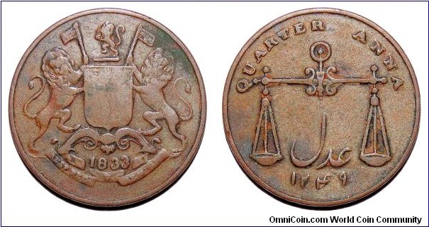 BOMBAY PRESIDENCY~Quarter Anna 1249 AH/ 1833 AD. Mint: Calcutta/Kolkata