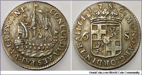 Netherlands, Utrecht province, 6 Stuivers (Scheepjesschelling), 1786. KM# 101.2. Toned, good very fine.