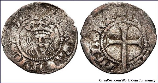 Spain, James III of Majorca / Jaume III de Mallorca (1324-1344). Silver Dinero, 17mm, 0.93 g. Obverse: + RЄX : MΛIORICΛRUM, crowned facing bust / Reverse: + IACOBUS : | : DЄI : GRA, Latin cross. ME# 2051; Burgos# 1393. Lightly toned, near very fine.