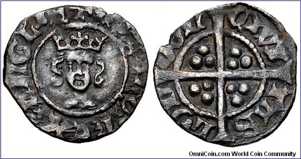 England, House of Plantagenet, Richard II (1377-1399). Halfpenny. 13mm, 0.57g, silver. Intermediate style. London (Tower) mint. Obverse: Crowned facing bust / Reverse: Long cross pattée, with three pellets in angles. Withers II Type 3d; North# 1331b; Spink# 1699. Darkly toned, very fine. 