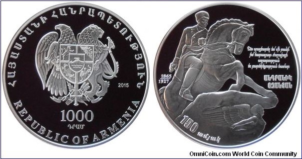 1000 Dram - Andranik Ozanyan - 33.6 g 0.925 silver Proof - mintage 500 pcs only