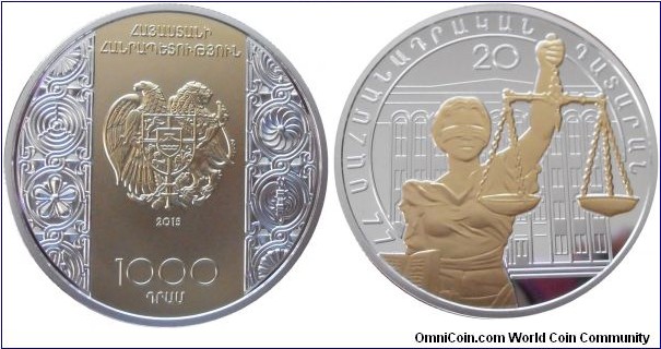 1000 Dram - 20 years of the Constitutional Court - 33.6 g 0.925 silver Proof (partially gold plated) - mintage 500 pcs only