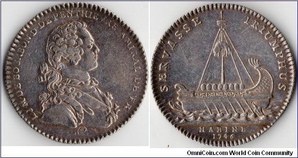 Jeton struck in 1746 for The Grand Admiral of France. His bust as obverse, and the Argo as reverse complete with golden fleece suspended from mast