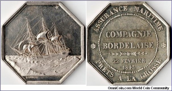 silver jeton struck for the `Bordelaise' a French maritime shipping assurer based in Bordeaux.