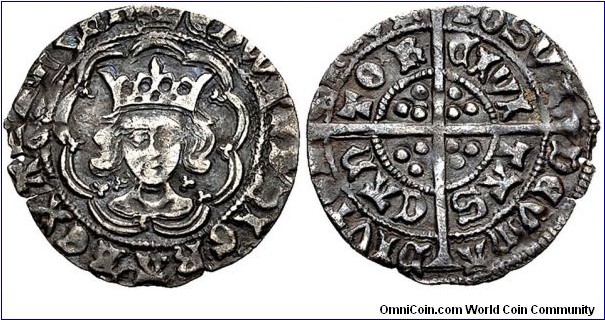 England, House of York, Edward IV. First reign (1461-1470), Halfgroat. 20mm, 1.38g, Silver. Light coinage. Canterbury (Royal) mint; im: crown/–. Struck 1467–1469. Crowned facing bust within tressure of arches; quatrefoil to left and right of neck / Long cross pattée with trefoil in each quarter. MHG dies 5/1; Blunt & Whitton Type VIII, 1; North# 1589; Spink# 2031. Toned, near very fine. 