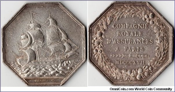 silver jeton struck for La Compagnie Royale D'assurances Maritimes (1817)