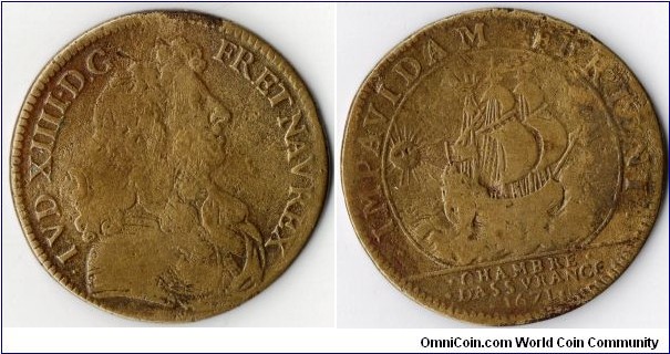 scarce copper jeton struck for the the Chambr D'assurances in 1671 during the reign of Louis XIV. One of the earliest jetons of its type and seldom seen.