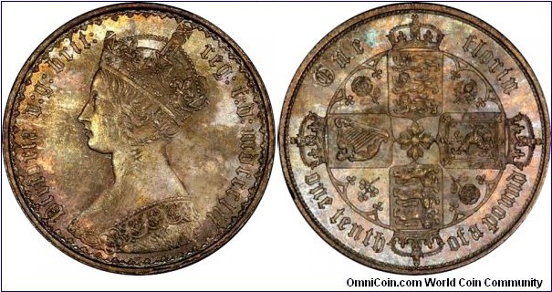 Great Britain, Queen Victoria, Gothic Florin, 1852. KM# 746.1; SCBC# 3891; ESC# 806. Nice toning, PCGS MS65. Splendid example. 