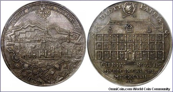 Swiss Canton. Zurich. Dedication of the New Rathhaus Silver Medal, 1698. 42.5mm; 28.5gms. By Hans Jacob Bullinger. City view with genius in clouds above flying right; Reverse: Front view of newly built Rathhaus, legends above, three line inscription below. Tonedin PCGS holder, graded AU55. Ex Ernst Otto Horn collection.