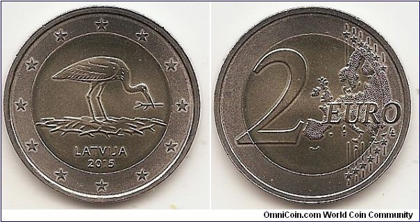 2 Euro
KM#171
8.5000 g., Bi-Metallic Nickel-Brass center in Copper-Nickel ring, 25.75 mm. Subject : 30th anniversary of the Latvian Ornithological Society Obv: The designs shows a nesting stork. The name of the country LATVIJA and date is inscribed below nest. The coin's outer ring shows the 12 stars of the European Union on a background of concentric circular lines. Rev: 2 on the left-hand side, six straight lines run vertically between the lower and upper right-hand side of the face, 12 stars are superimposed on these lines, one just before the two ends of each line, superimposed on the mid - and upper section of these lines; the European continent ( extended ) is represented on the right-hand side of the face; the right-hand part of the representation is superimposed on the mid-section of the lines; the word ‘EURO’ is superimposed horizontally across the middle of the right-hand side of the face. Under the ‘O’ of EURO, the initials ‘LL’ of the engraver appear near the right-hand edge of the coin. Edge: Reeded with inscription DIEVS * SVĒTĪ * LATVIJU. Obv. designer: Olga Šilova Rev. designer: Luc Luycx