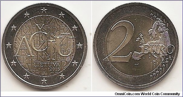 2 Euro
KM#213
8.5000 g., Bi-Metallic Nickel-Brass center in Copper-Nickel ring, 25.75 mm. Subject: Lithuanian language Obv: One of the most beautiful Lithuanian words – AČIŪ (THANK YOU) is inscribed against a background of letters of the Lithuanian font, created on the basis of the Latin alphabet; the inscription LIETUVA (LITHUANIA) and the year of issue 2015 are placed at the bottom of the word. The Lithuanian Mint mark is also impressed. The coin's outer ring shows the 12 stars of the European Union on a background of concentric circular lines. Rev: 2 on the left-hand side, six straight lines run vertically between the lower and upper right-hand side of the face, 12 stars are superimposed on these lines, one just before the two ends of each line, superimposed on the mid - and upper section of these lines; the European continent ( extended ) is represented on the right-hand side of the face; the right-hand part of the representation is superimposed on the mid-section of the lines; the word ‘EURO’ is superimposed horizontally across the middle of the right-hand side of the face. Under the ‘O’ of EURO, the initials ‘LL’ of the engraver appear near the right-hand edge of the coin. Edge: Reeded with inscription *LAISVĖ*VIENYBĖ*GEROVĖ*. Obv. designer: Liudas Parulskis and Giedrius Paulauskis Rev. designer: Luc Luycx