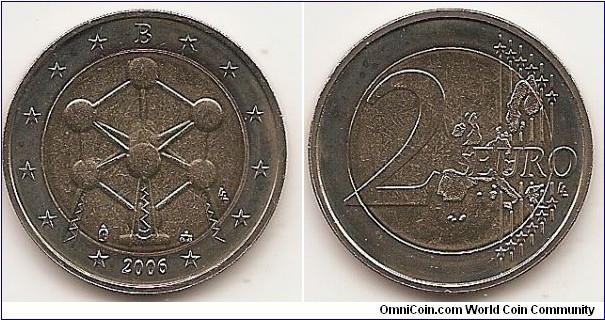 2 Euro
KM#241
8.5000 g., Bi-Metallic Nickel-Brass center in Copper-Nickel ring, 25.75 mm. Subject: Renovation of the Atomium in Brussels Obv: The coin shows the Atomium in the centre part, with the mint marks to the lower right and left of it. The designer's initials (LL) are to the left. The letter B for Belgium is written at the top of the outer ring, and the year mark at the bottom; the twelve stars of the European Union are positioned between the year mark and the inscription at the top, in two groups of six stars each. Rev: 2 on the left-hand side, six straight lines run vertically between the lower and upper right-hand side of the face, 12 stars are superimposed on these lines, one just before the two ends of each line, superimposed on the mid - and upper section of these lines; the countries of Eurozone is represented on the right-hand side of the face; the right-hand part of the representation is superimposed on the mid-section of the lines; the word ‘EURO’ is superimposed horizontally across the middle of the right-hand side of the face. Under the ‘O’ of EURO, the initials ‘LL’ of the engraver appear near the right-hand edge of the coin. Edge: Reeded with 2 **, repeated six times, alternately upright and inverted. Designer: Luc Luycx