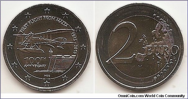 2 Euro
KM#168
8.5000 g., Bi-Metallic Nickel-Brass center in Copper-Nickel ring, 25.75 mm. Subject: 100 Years since the first Flight from Malta. Obv: The coin commemorates an important milestone in Maltese aviation history — the 100 years since the first flight from Malta. It was on 13 February 1915 that Captain Kilmer took off from the Grand Harbour on a seaplane that was carried by HMS Ark Royal. The plane landed in the harbour after a 55-minute flight. The coin depicts Captain Kilmer’s seaplane with Senglea Point, a prominent feature in the Grand Harbour, in the background. At the top the inscription ‘FIRST FLIGHT FROM MALTA’ in semi-circle. At the right the years ‘1915-2015’. At the bottom left the inscription ‘100TH ANNIVERSARY’ and at the bottom the initials of the designer ‘NGB’ (Noel Galea Bason). The coin’s outer ring bears the 12 stars of the European Union. Rev: 2 on the left-hand side, six straight lines run vertically between the lower and upper right-hand side of the face, 12 stars are superimposed on these lines, one just before the two ends of each line, superimposed on the mid - and upper section of these lines; the European continent ( extended ) is represented on the right-hand side of the face; the right-hand part of the representation is superimposed on the mid-section of the lines; the word ‘EURO’ is superimposed horizontally across the middle of the right-hand side of the face. Under the ‘O’ of EURO, the initials ‘LL’ of the engraver appear near the right-hand edge of the coin. Edge: Reeded with 2**, repeated six times, alternately upright and inverted. Obv. designer: Noel Galea Bason Rev. designer: Luc Luycx