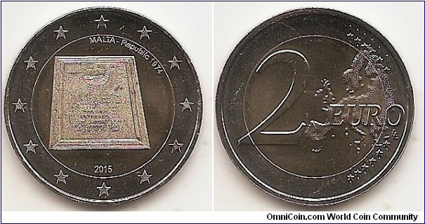 2 Euro
KM#167
8.5000 g., Bi-Metallic Nickel-Brass center in Copper-Nickel ring, 25.75 mm. Subject: Proclamation of the Republic of Malta in 1974. Obv: The coin is the last in a series of five commemorating Maltese constitutional milestones. Malta was declared a republic on 13 December 1974 following constitutional changes which were agreed upon by a great majority in Malta’s Parliament. The design reproduces a marble tablet affixed to the façade of the Presidential Palace in Valletta to mark Malta’s change from a monarchy to a republic. At the top right, in semi-circle, the inscription ‘MALTA — Republic 1974’. At the bottom, the year ‘2015’. The twelve stars of the European Union surround the design on the outer ring of the coin. Rev: 2 on the left-hand side, six straight lines run vertically between the lower and upper right-hand side of the face, 12 stars are superimposed on these lines, one just before the two ends of each line, superimposed on the mid - and upper section of these lines; the European continent ( extended ) is represented on the right-hand side of the face; the right-hand part of the representation is superimposed on the mid-section of the lines; the word ‘EURO’ is superimposed horizontally across the middle of the right-hand side of the face. Under the ‘O’ of EURO, the initials ‘LL’ of the engraver appear near the right-hand edge of the coin. Edge: Reeded with 2**, repeated six times, alternately upright and inverted. Obv. designer: Ganni Bonnici Rev. designer: Luc Luycx