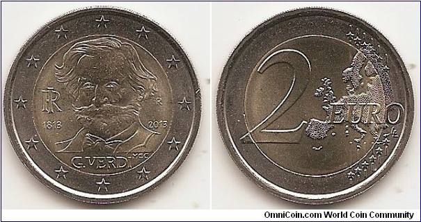 2 Euro
KM#357
8.5000 g., Bi-Metallic Nickel-Brass center in Copper-Nickel ring, 25.75 mm. Subject: 200th Years since the Birth of Giuseppe Verdi. Obv: The design shows the bust of Giuseppe VERDI in three quarter view facing left; on the left, superimposed letters of the Italian Republic monogram ‘RI’/1813; on the right, R (monogram of the Mint of Rome)/2013; in exergue, MCC (monogram of the Author Maria Carmela COLANERI)/G. VERDI. The coin’s outer ring bears the 12 stars of the European Union. Rev: 2 on the left-hand side, six straight lines run vertically between the lower and upper right-hand side of the face, 12 stars are superimposed on these lines, one just before the two ends of each line, superimposed on the mid - and upper section of these lines; the European continent ( extended ) is represented on the right-hand side of the face; the right-hand part of the representation is superimposed on the mid-section of the lines; the word ‘EURO’ is superimposed horizontally across the middle of the right-hand side of the face. Under the ‘O’ of EURO, the initials ‘LL’ of the engraver appear near the right-hand edge of the coin. Edge: Reeded with inscription 2 *, repeated six times, alternately upright and inverted. Obv. designer: Maria Carmela Colaneri Rev. designer: Luc Luycx