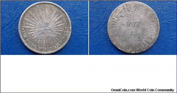 Beautifully Carved - Rare Love Token on .903 Silver 1908-MoGV Mexico 1 Peso Coin - Cap & Rays - Dated July 14 1908 - Large 39mm Silver Crown

Mexico Peso KM# 409.2     1898-1909
1908Mo G
1898-1909 Mexico Peso obverse

	
	1898-1909 Mexico Peso

  
Specifications

Composition: Silver

Fineness: 0.9027

Weight: 27.0730g

ASW: 0.7857oz

Diameter: 39mm
Design

Obverse: Facing eagle, snake in beak

Obverse Legend: REPUBLICA MEXICANA

Reverse: Radiant cap
Notes

Note:  Varieties exist. 

Sold !!!!