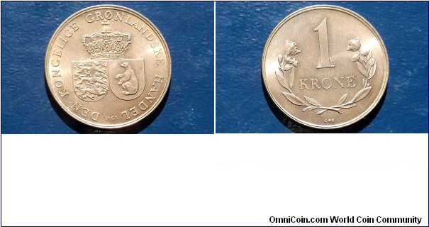 Greenland Krone KM# 10a     1960-1964
Specifications

Composition: Copper-Nickel

Diameter: 27.3mm
Design

Obverse: Crowned arms of Denmark and Greenland

Reverse: Denomination within floral wreath

SOLD !!!