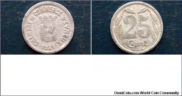 Algeria 25 Centimes KM# TnE4     1921
Specifications

Composition: Aluminum
Design

Obverse: Small crowned shield, chains

Reverse: Large value within wreath