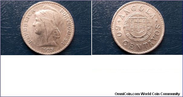 Angola 50 Centavos KM# 65  1922-1923
Specifications

Composition: Nickel

Weight: 10.5000g

Diameter: 31mm
Design

Obverse: Head left, date below

Reverse: Arms, value in legend