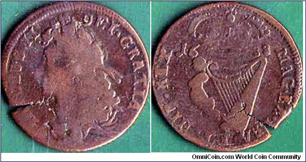 Ireland 1688 1/2 Penny.

Cracked planchet.

A very scarce coin in any grade!