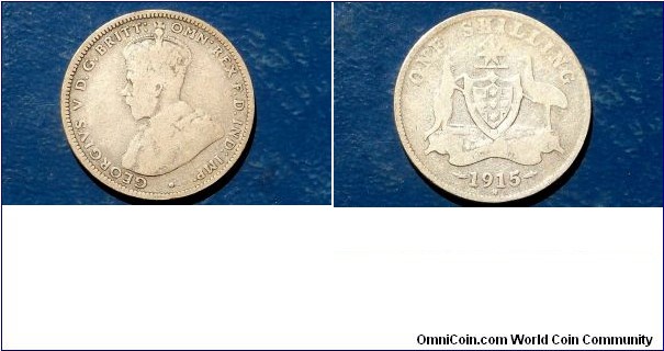 RARE KEY DATE 1915-H AUSTRALIA SILVER SHILLING NICE CIRCULATED KM# 26 

Specifications 

Composition: Silver

Fineness: 0.9250

Weight: 5.4500g

ASW: 0.1621oz 

Diameter: 24mm

Design 

Obverse: Crowned bust left

Obverse Designer: E. B. Mackennal

Reverse: Arms

Reverse Designer: W. H. J. Blakemore

Edge Description: Reeded

Notes 

Ruler: George V


