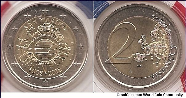 2 Euro
KM#519
8.5000 g., Bi-Metallic Nickel-Brass center in Copper-Nickel ring, 25.75 mm. Subject: 10th Anniversary of Euro coins and banknotes. Obv: The euro sign is in the centre of the coin. The design elements around the euro symbol on the coin express the importance of the euro to the people, to the financial world (ECB tower), to trading (ships), to industry (factories), to the energy sector and to research and development (wind power stations). The artist's initials AH appear under the image of the ECB tower. The name of the issuing country SAN MARINO appears at the top, the mint mark at the right, while the inscription 2002–2012 appears at the bottom. The twelve stars of the European Union surround the design on the outer ring of the coin. Rev: 2 on the left-hand side, six straight lines run vertically between the lower and upper right-hand side of the face, 12 stars are superimposed on these lines, one just before the two ends of each line, superimposed on the mid - and upper section of these lines; the European continent ( extended ) is represented on the right-hand side of the face; the right-hand part of the representation is superimposed on the mid-section of the lines; the word ‘EURO’ is superimposed horizontally across the middle of the right-hand side of the face. Under the ‘O’ of EURO, the initials ‘LL’ of the engraver appear near the right-hand edge of the coin. Edge: Reeded with inscription 2*, repeated six times, alternately upright and inverted. Obv. designer: Helmut Andexlinger Rev. designer: Luc Luycx