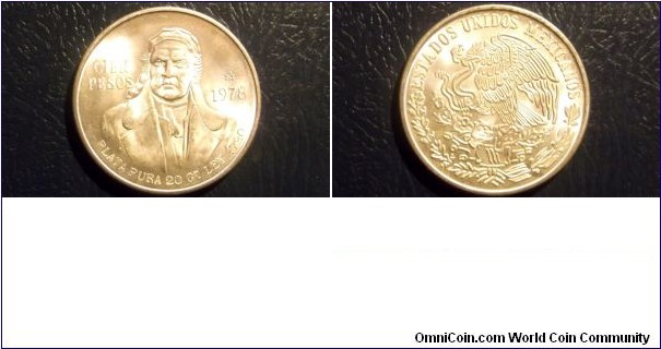 .720 Silver 1978 Mexico 100 Cien Pesos KM# 483.2 Eagle Nice Gem BU

Specifications

Composition: Silver

Fineness: 0.7200

Weight: 27.7700g

ASW: 0.6428oz

Diameter: 39mm
Design

Obverse: National arms, eagle left

Reverse: Bust facing, higher right shoulder, left shoulder with clothing folds.
Notes

Note:  Mintage inc. KM#483.1


