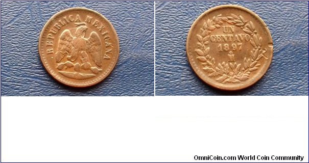 1897-Mo Mexico Centavo Eagle & Snake Nice High Grade Circ KM#391.6

Specifications

Composition: Copper

Weight: 7.4000g
Design

Obverse: Facing eagle, snake in beak

Obverse Legend: REPUBLICA MEXICANA

Reverse: Value and date within wreath
Notes

Note:  Varieties exist. 