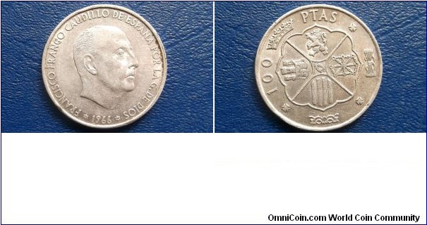 .800 Silver 1966 Spain 100 Pesetas Coin - 1 Year Type Coin - Nice High Grade Coin - Please Grade from Photos - Large 34mm Silver Crown # 536