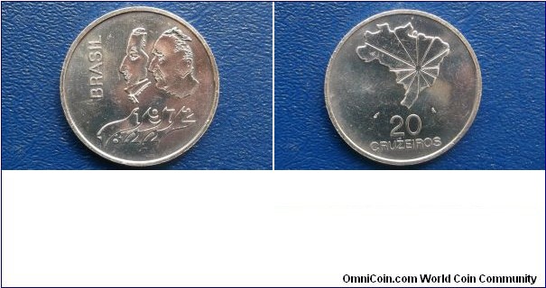 .900 Silver 1972 Brazil 20 Cruzeiros 150th Anniv of Indep Nice Grade Coin# 534