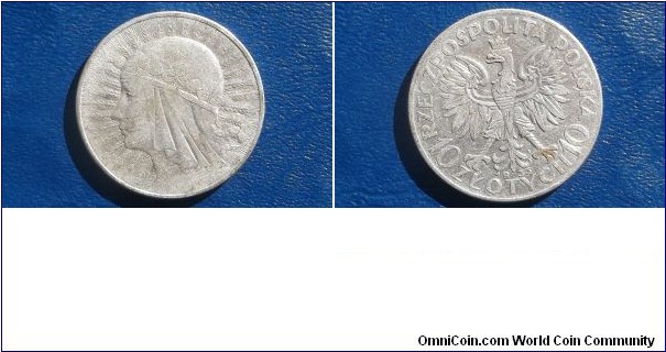 .750 SILVER 1933 POLAND 10 ZLOTCH QUEEN JADWIGA POPULAR LARGE 34MM CROWN # 724